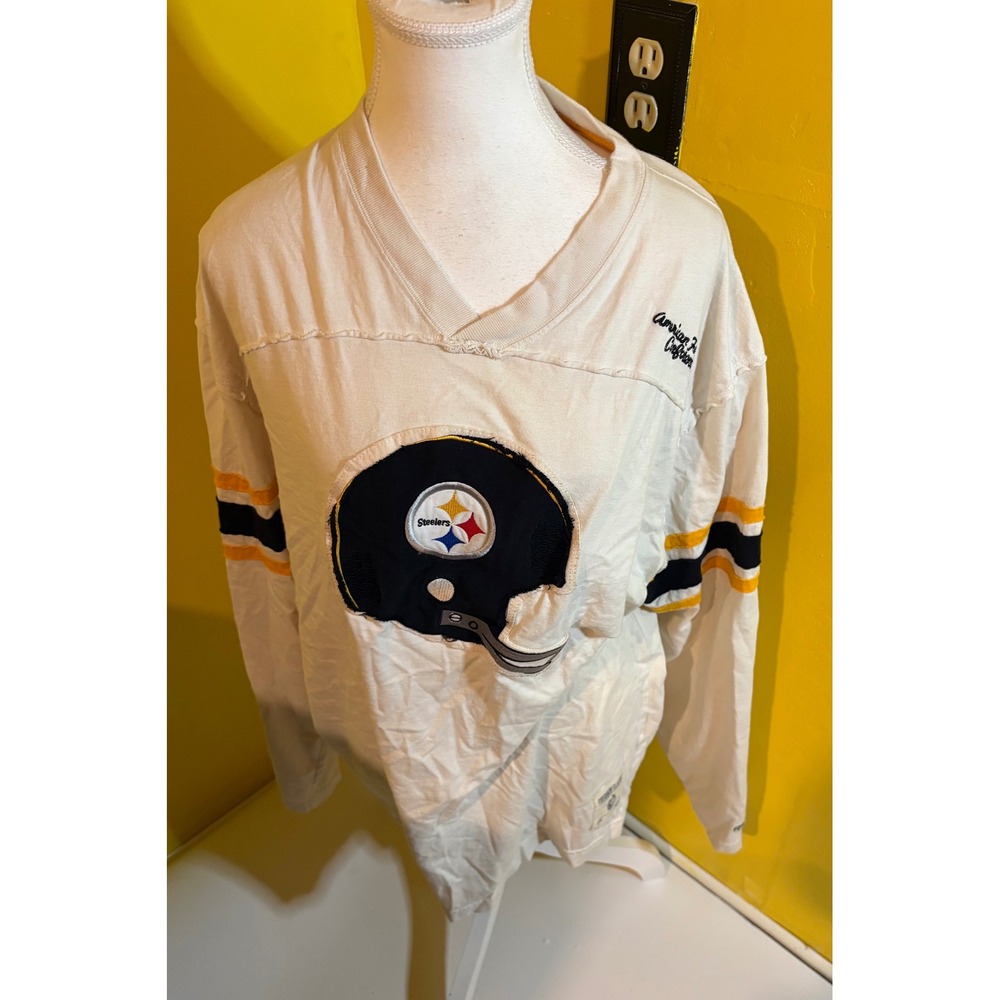 Vintage Pittsburgh Steelers V-Neck Shirt L White Striped Sleeve Helmet Applique